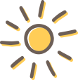 A stylized illustration of a shining sun with radiant beams and a coconut.