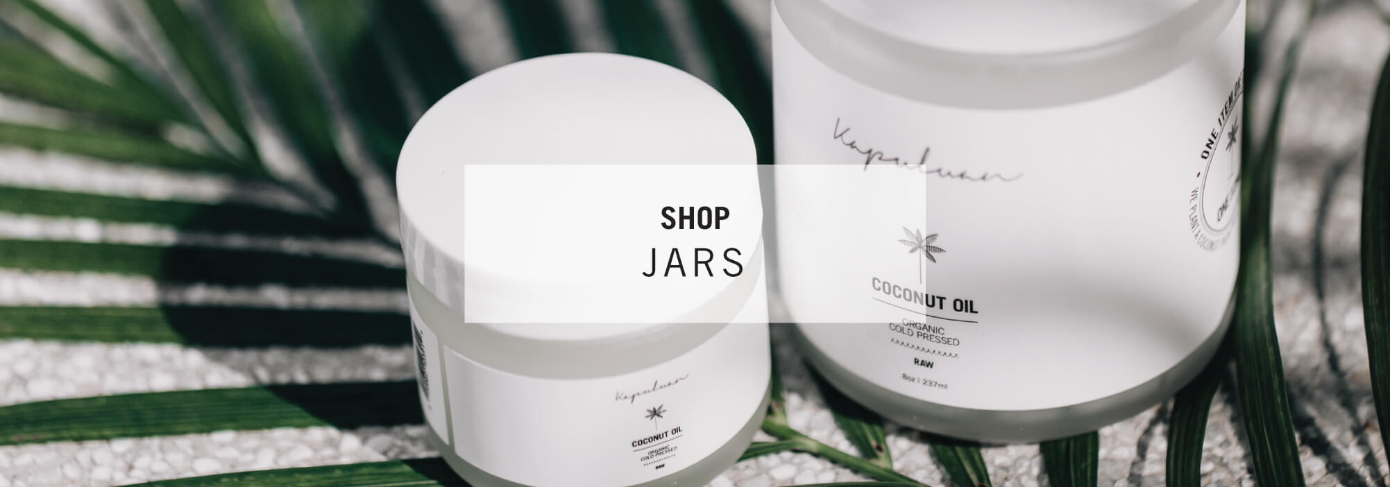 Elegant cosmetic jars nestled among tropical coconut leaves on a woven texture, promoting a natural skincare shopping experience.