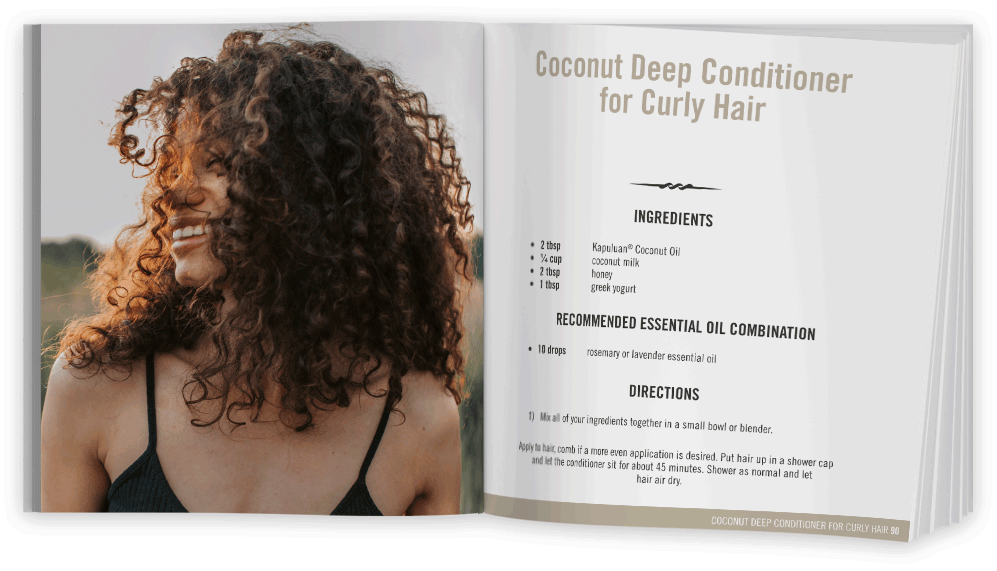 Joyful curls: a woman with a radiant smile and voluminous curly hair graces the pages of a magazine, alongside a coconut deep conditioner recipe tailored for curly hair.