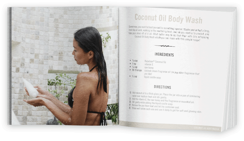 A woman is showering and reading a label or a magazine article, possibly about coconut body wash, which is being displayed on the opposite page.