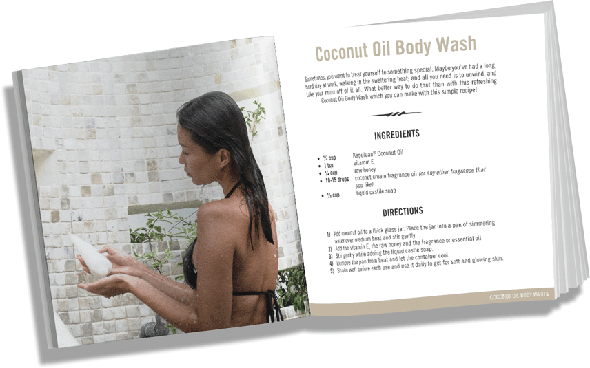 A person is taking a shower on the left side of the image with water streaming down, while the right side shows an open magazine or book with a recipe for "coconut body wash," including ingredients