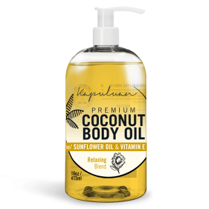 A bottle of Relaxing Coconut Body Oil, with a blend of sunflower oil and vitamin e, featuring a pump dispenser and a label with palm leaf graphics.