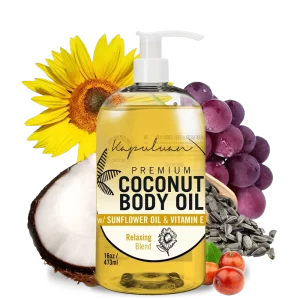 A bottle of Relaxing Coconut Body Oil is shown with a sunflower, coconut half, grapes, sunflower seeds, and other fruits surrounding it. The label reads "Kapuluan Premium Coconut Body Oil with Sunflower Oil & Vitamin E. Relaxing Blend." The bottle is 16 oz (473 ml).