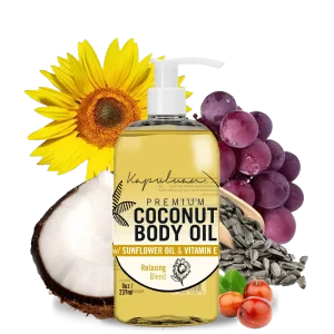 A bottle of Relaxing Coconut Body Oil with Sunflower Oil and Vitamin E stands surrounded by sunflower, coconut, grapes, and seeds. The label displays "Relaxing Blend" and the bottle has a pump dispenser. The bottle size is 8 oz (237 ml).