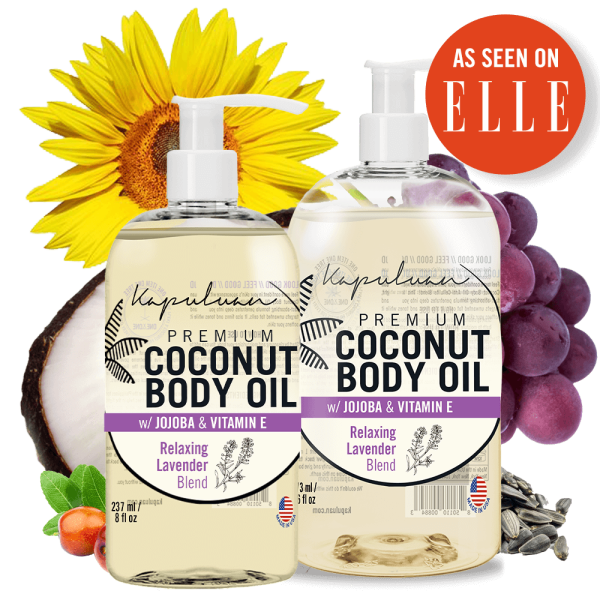 Two bottles of Relaxing Coconut Body Oil featuring jojoba and vitamin E, branded as "Relaxing Lavender Blend." The packaging is adorned with images of a sunflower, half a coconut, lavender, and shea nuts. A red circle highlights "As Seen on Elle.