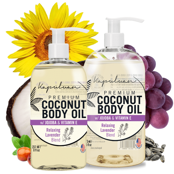 Image of two bottles of Sensual Coconut Body Oil with Jojoba & Vitamin E. The labels indicate a "Relaxing Lavender Blend." Nearby are a sunflower, coconut, grapes, and various nuts.