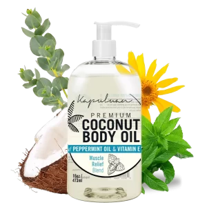 A 473ml bottle of Muscle Relief Coconut Body Oil is featured. The label mentions "Muscle Relief Blend." The background includes eucalyptus leaves, a sunflower, mint leaves, and a cracked-open coconut.