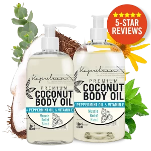 Two bottles of Muscle Relief Coconut Body Oil are shown. One bottle is 8 oz and the other is 16 oz. Surrounding the bottles are a coconut cut in half and mint leaves. A "5-Star Reviews" badge is displayed in the top right corner.