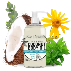 A bottle of Muscle Relief Coconut Body Oil is surrounded by ingredients like a halved coconut, green mint leaves, a yellow Arnica flower, and eucalyptus leaves. The label highlights peppermint oil, Vitamin E, and a muscle relief blend.