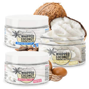 Three 4 oz jars of Whipped Coconut Shaving Butter in Tropical Beach, Sweet Floral, and Silky & Ultra-Soft scents feature coconut and shea nut visuals. Handcrafted in small batches.