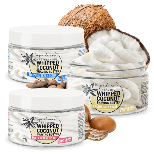 Three 4 oz jars of Whipped Coconut Shaving Butter in Tropical Beach, Sweet Floral, and Silky & Ultra-Soft scents feature coconut and shea nut visuals. Handcrafted in small batches.