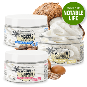 Three jars of Whipped Coconut Shaving Butter are showcased alongside coconuts and shea nuts. The offered varieties are Premium (silky, ultra-soft), Relaxing (sweet floral), and Refreshing (tropical beach). A green badge states "As seen on Notable Life.