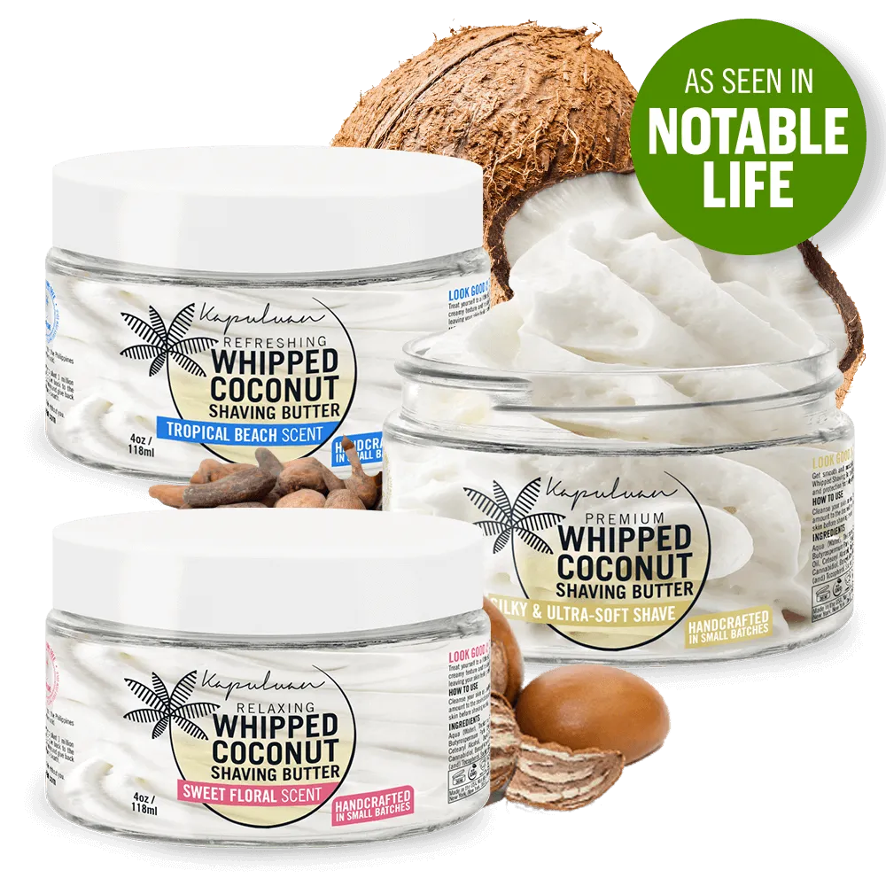 Image showing three jars of Whipped Coconut Shaving Butter in different scents: Tropical Beach, Sweet Floral, and Silky & Ultra-Soft. The jars are displayed with coconut and shea nuts around them. A green badge reads "AS SEEN IN NOTABLE LIFE.