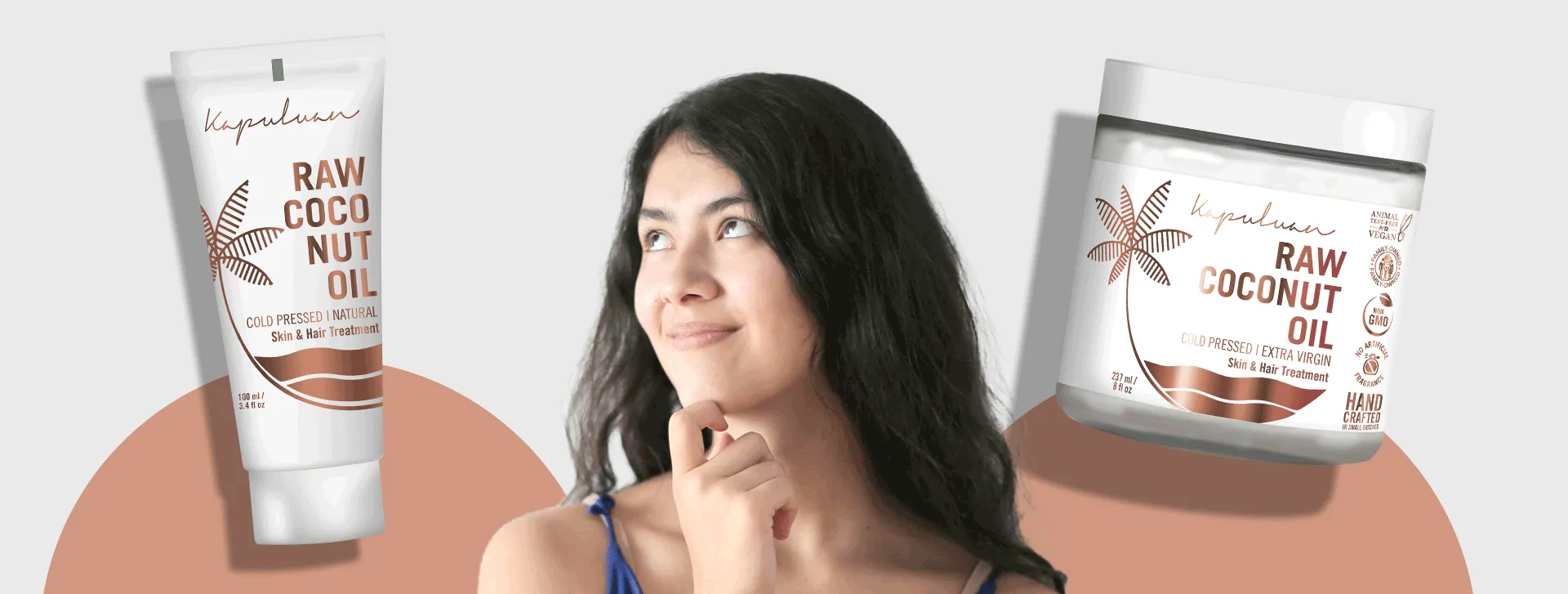 A young woman with long dark hair looks up thoughtfully. She is sandwiched between two products: a jar of raw coconut oil on the right and a tube of raw coconut oil lotion on the left, both labeled "Kopari Beauty." The background is a mix of beige and white.