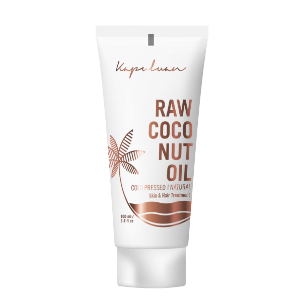 A tube of Kapuluan Cold-Pressed Raw Coconut Oil for skin and hair treatment, featuring a clean, simple design with tropical leaf graphics.