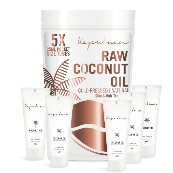 A collection of Cold-Pressed Raw Coconut Oil tubes in different sizes, labeled "kapuluan cold-pressed natural coconut oil" for skin and hair treatment, arranged against a white background.