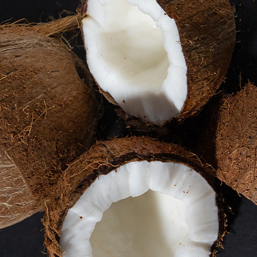 Three whole coconuts and one split open, revealing the white flesh inside, against a dark background.