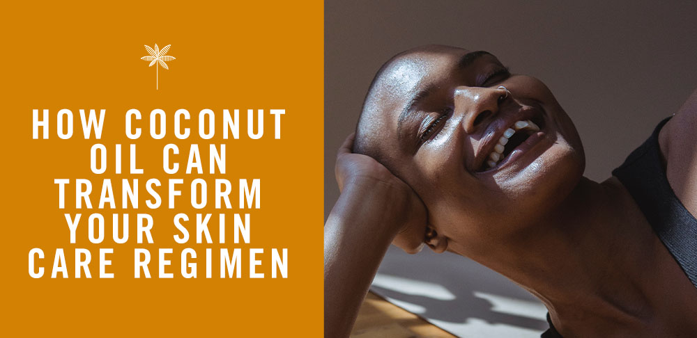 A joyful woman with a radiant smile tilting her head back, bathed in sunlight. text reads “how coconut oil can transform your skin care regimen” on orange background.