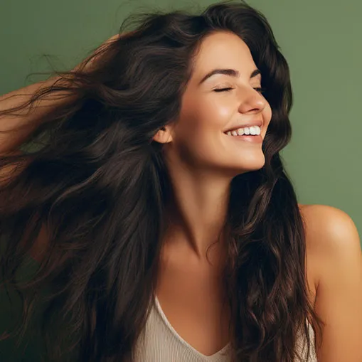 Woman with long dark hair, smiling with eyes closed and head tilted slightly. She is wearing a light-colored tank top against a plain green background.