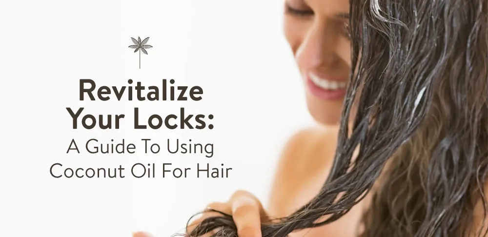 A woman applies coconut oil to her wet, long hair while smiling. The text on the left reads, "Revitalize Your Locks: A Guide To Using Coconut Oil For Hair," with a small coconut tree icon above the text.