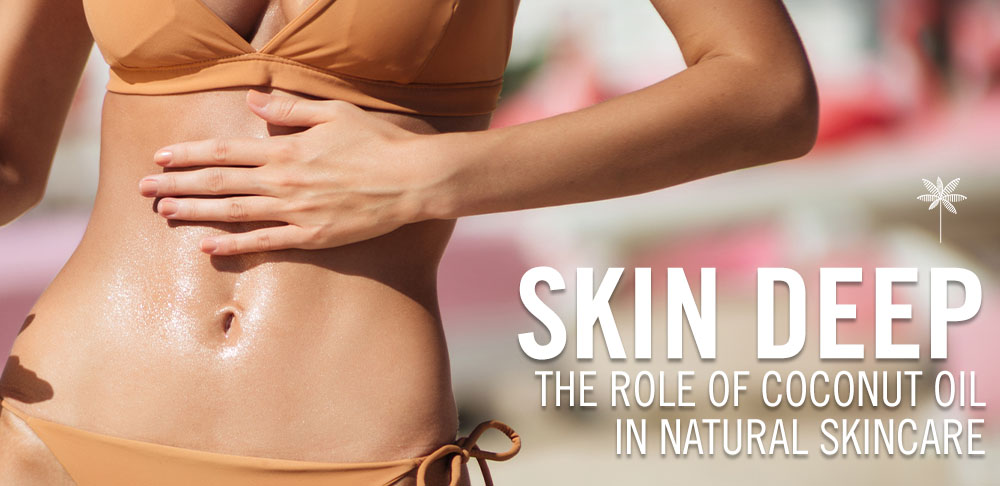 Close-up of a woman's midsection wearing a beige swimsuit, highlighting her smooth skin with text overlays discussing coconut oil's benefits in natural skincare.