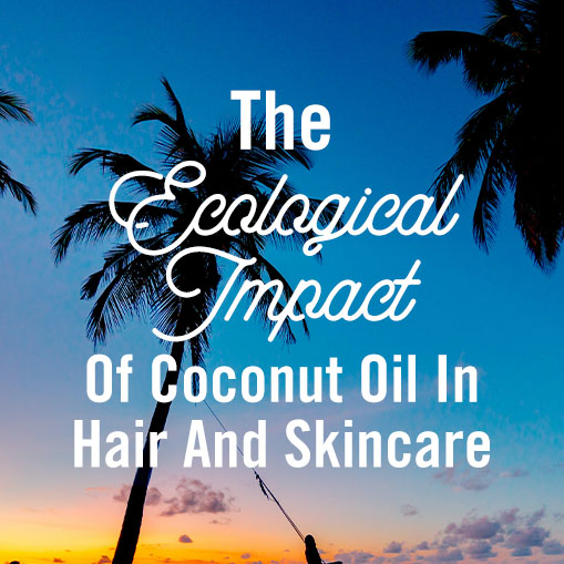 Promotional image featuring text "the ecological impact of coconut oil in hair and skincare" overlaid on a tropical sunset background with silhouetted palm trees.