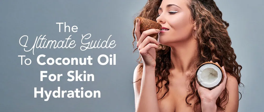 A woman with curly hair holds a halved coconut in one hand and brings a smaller piece of coconut to her lips. The text reads, "The Ultimate Guide to Coconut Oil for Skin Hydration.