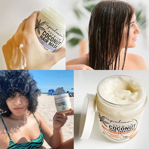 A collage of images featuring a jar of "Kapuruka Premium Coconut Hair Mask." One picture shows the jar held by a hand covered in the product. Another image shows a woman with wet hair, likely applying the mask. A third image shows a woman on a beach holding the jar. The last image is a close-up of the jar's contents.