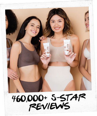 Four diverse women in undergarments, smiling and holding beauty products, with text "460,000+ 5-star reviews" below them.