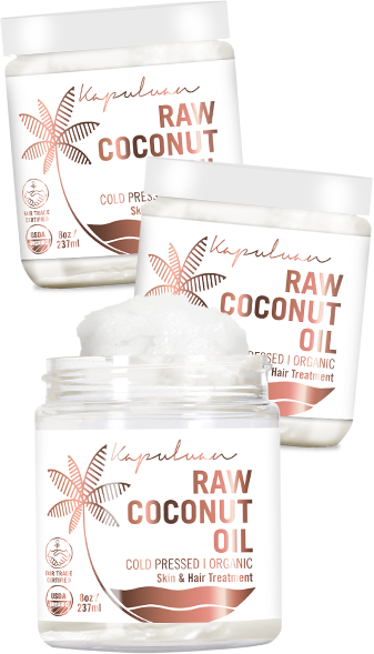 An advertisement featuring bottles of kapuluan raw organic cold pressed coconut skin & hair treatment, arranged in an artistic layout with text highlighting product features.