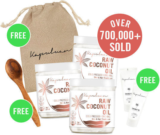 Promotional image of raw coconut oil products in various sizes with "over 700,000+ sold" label, including a wooden spoon and a burlap bag, highlighted by "free" stickers on several items.