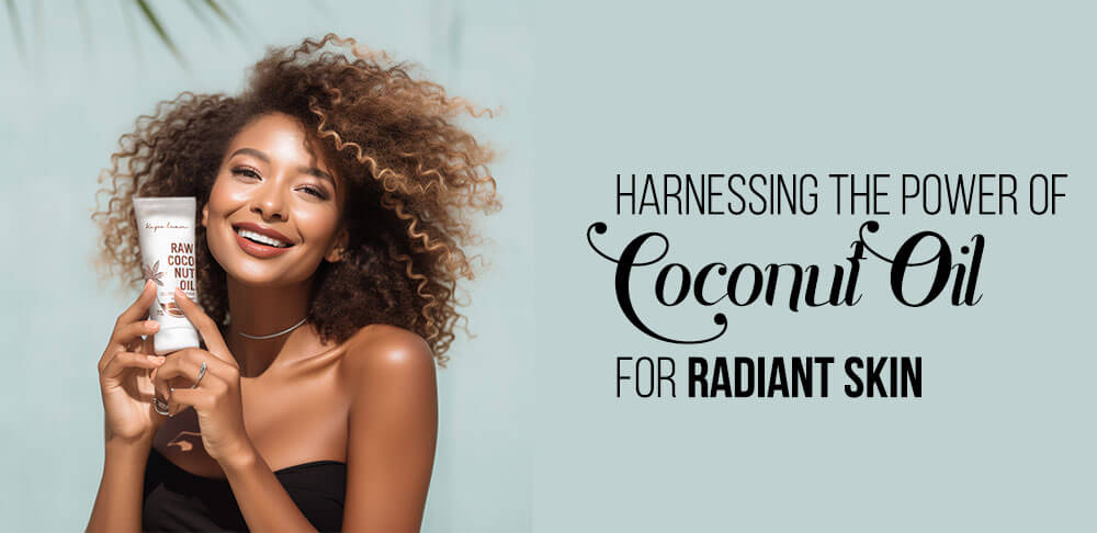 A joyful woman with curly hair holding a coconut oil skincare product, with text "harnessing the power of coconut oil for radiant skin" on a soft blue background.