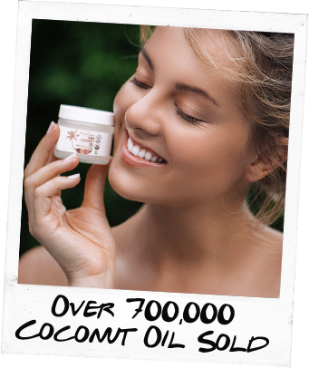 A joyful woman holding a jar of coconut oil close to her face, with text stating "over 700,000 coconut oil sold" on a polaroid-style photo background.