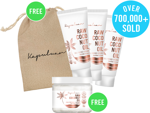 Image of three tubes and one jar of "raw coconut oil" skincare products, with a burlap bag labeled "kapuluan." a graphic says "free" and "over 700,000+ sold.