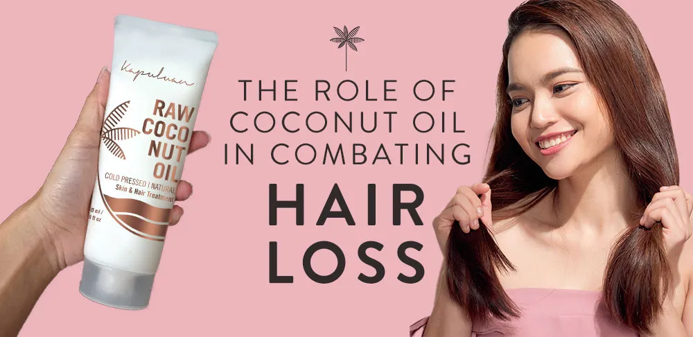 A person holds a tube of raw coconut oil in their hand. Text reads, "The Role of Coconut Oil in Combating Hair Loss." On the right, a smiling woman with long hair holds a strand of her hair. The background is pink with a palm tree icon.
