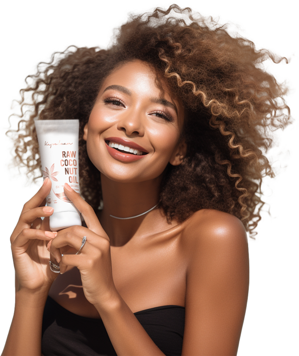 A smiling woman with curly hair holds a tube of coconut oil skincare product, posing against a light striped background.