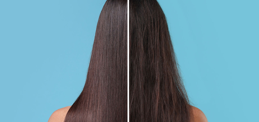 Split image showing two different hair conditions: on the left, sleek, smooth, and shiny hair, and on the right, frizzy, dry, and dull hair, against a blue background.