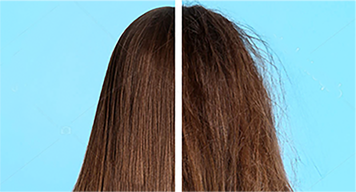 Comparison of two hair conditions: on the left, smooth and well-groomed brown hair; on the right, frizzy and tangled brown hair against a blue background.