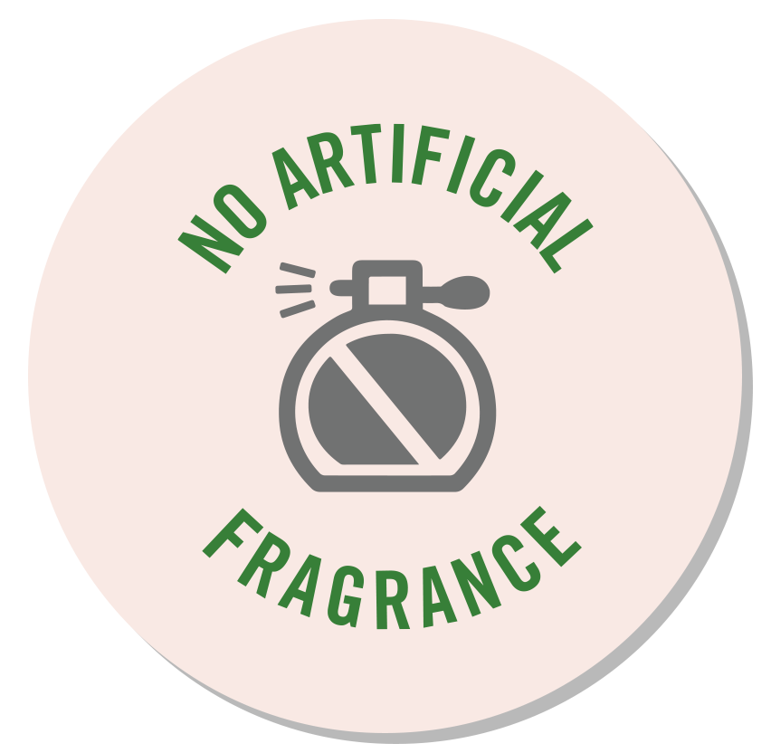 Logo featuring "no artificial fragrance" text in a circular format with an icon of a spray bottle crossed out in the center, all in green and black on a light pink background.