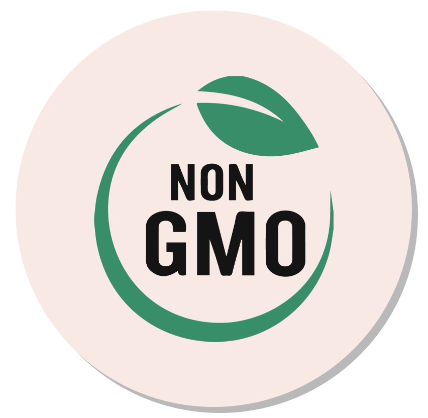 Icon representing non-gmo certification, featuring bold ‘non gmo’ text inside a green circle with a leaf motif on top, set against a soft pink background.