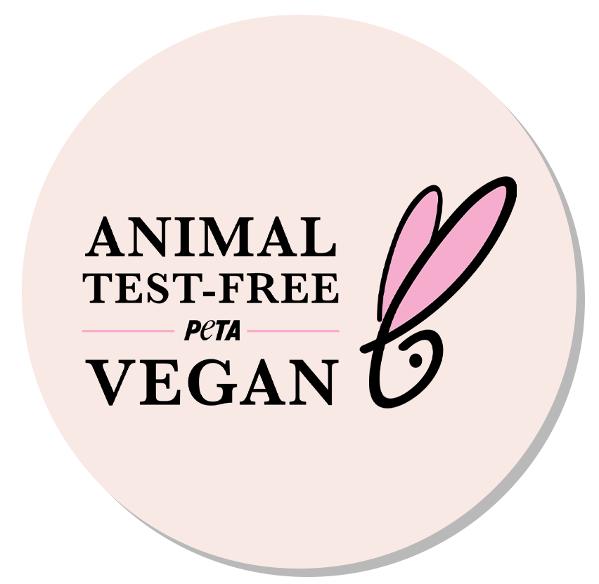 Logo featuring a pink rabbit ear and a leaf design with the text "animal test-free peta vegan" in black, enclosed in a circle with a subtle pink background.