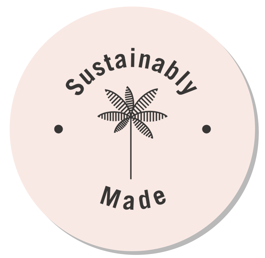 Logo featuring a palm tree illustration with the text "sustainably made" centered in a circular, beige background.