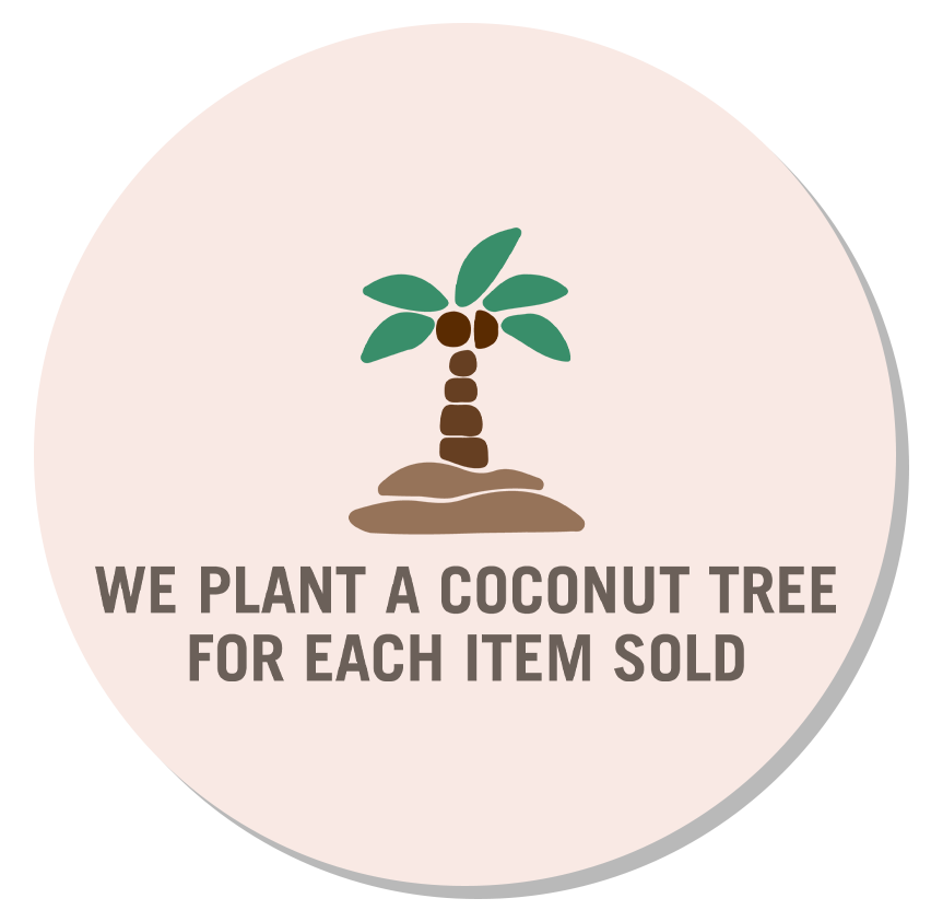 Graphic showing a coconut tree illustration with text "we plant a coconut tree for each item sold" encircled by a dark brown line on a light pink background.