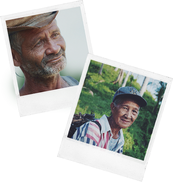 Two photo snapshots featuring elderly men. the left photo shows a man with a beard and a cap, smiling mildly. the right photo depicts a man with a hat, carrying a bundle, set against a lush green background.