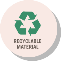 A circular logo featuring the recycling symbol with three arrows, centered on a beige background. the symbol is green and the label reads "recyclable material" in bold, uppercase letters.