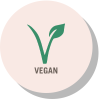 A round vegan symbol featuring a green plant sprout with two leaves above the word "vegan" centered in a light pink circular background.