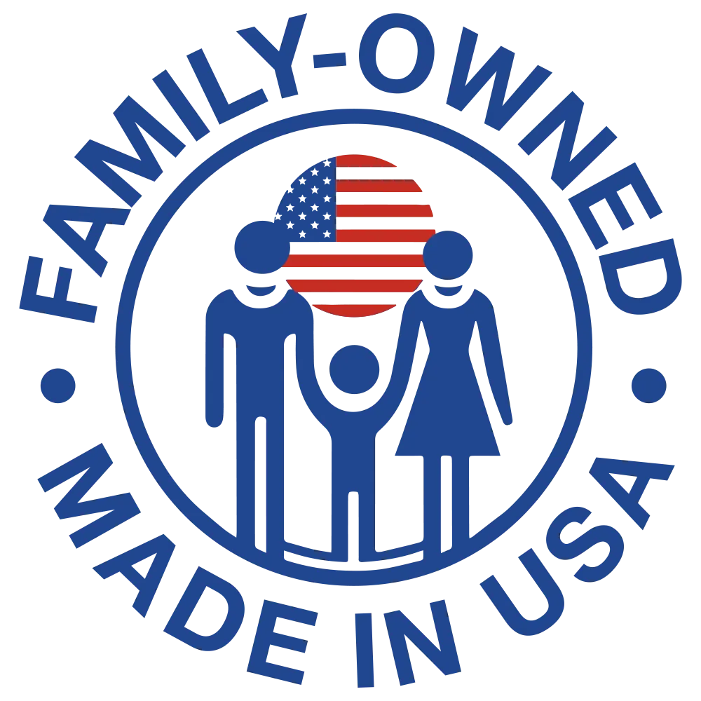 A blue logo featuring a graphic of a family with one adult on each side and a child in the middle, standing before a red-striped circle with an American flag design. Surrounding the graphic, the text reads "FAMILY-OWNED" at the top and "MADE IN USA" at the bottom.