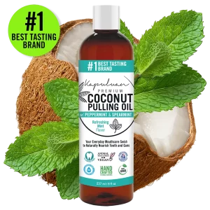 Bottle of Coconut Pulling Oil - Refreshing Mint against a background of coconut halves and mint leaves. Text reads "#1 Best Tasting Brand" and highlights features like natural, vegan, non-GMO, and hand-crafted.