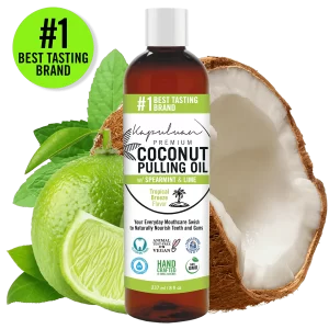 A bottle of Coconut Pulling Oil - Tropical Breeze is displayed. The label highlights it as the "#1 best tasting brand" and notes features like non-GMO, vegan, cruelty-free, hand-crafted, and containing 100% natural ingredients.