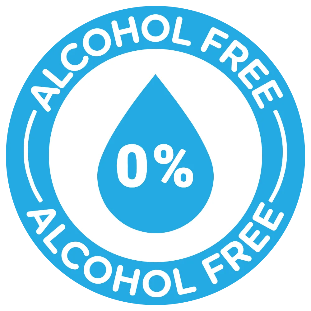 A circular blue and white badge with the text "ALCOHOL FREE" around the top and bottom edges. In the center, there is a water droplet icon with "0%" written inside it, indicating zero alcohol content.
